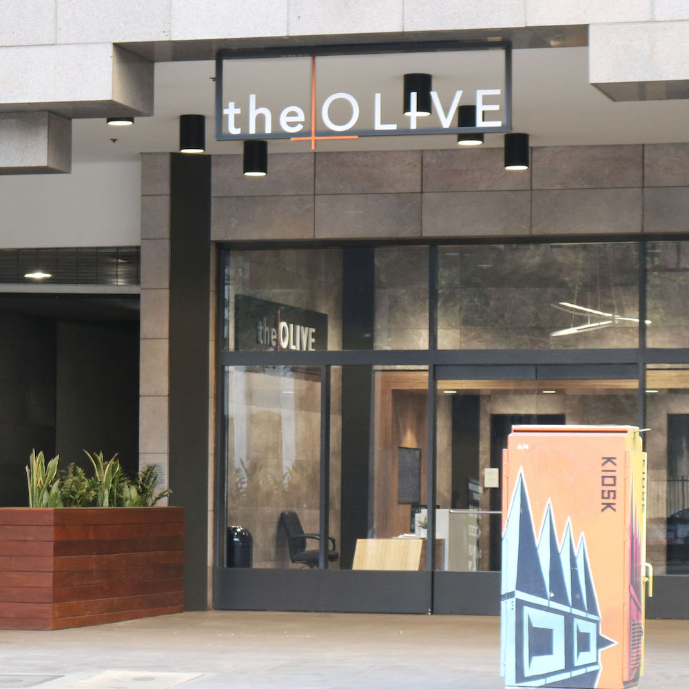 Entrance to The Olive, home to A&B Gemological Services at 631 South Olive Street in Downtown Los Angeles