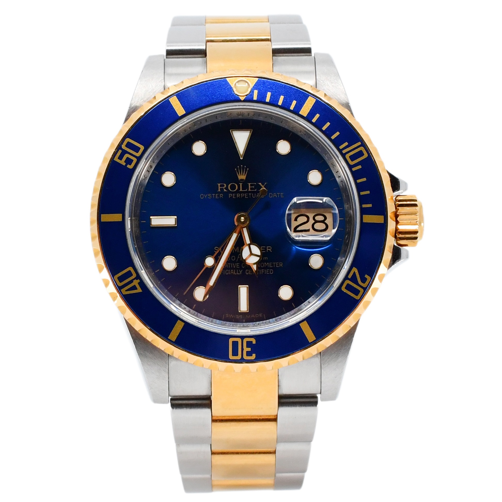 Rolex Submariner with blue dial and bezel and a two-tone bracelet